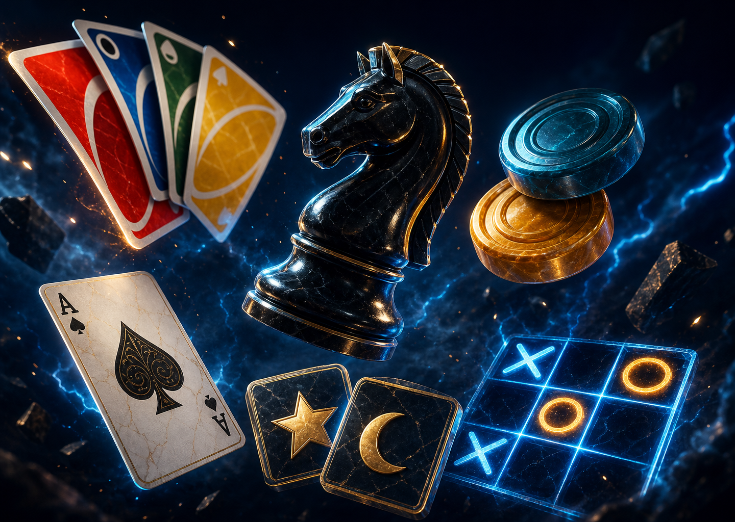 Chess knight, colour cards, checkers discs, an ace of spades, memory tiles and a neon tic-tac-toe grid floating in a glowing arena